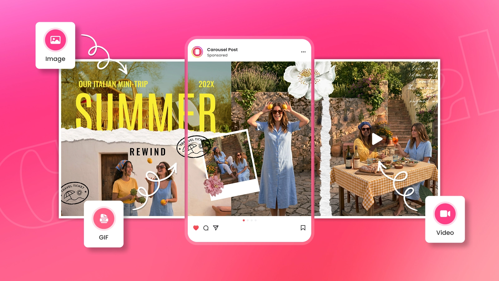 Instagram carousel design combining photos, videos, GIFs, and text with a clean layout