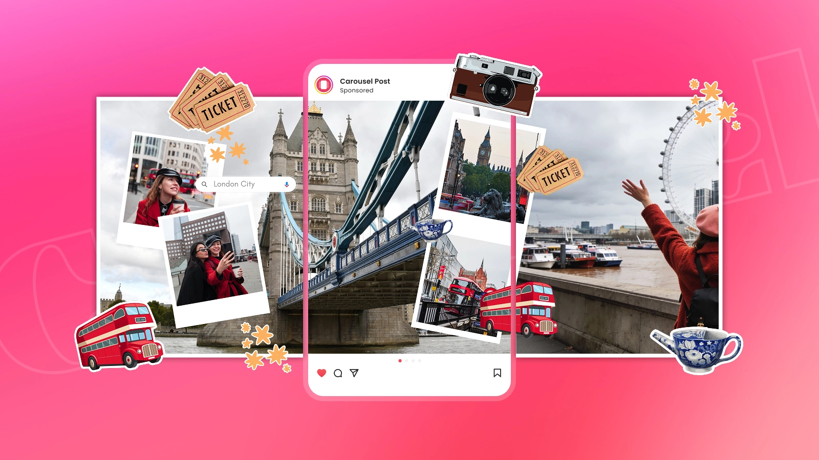 Aesthetic photo dump layout with photos, video clips, stickers, and scrapbook elements